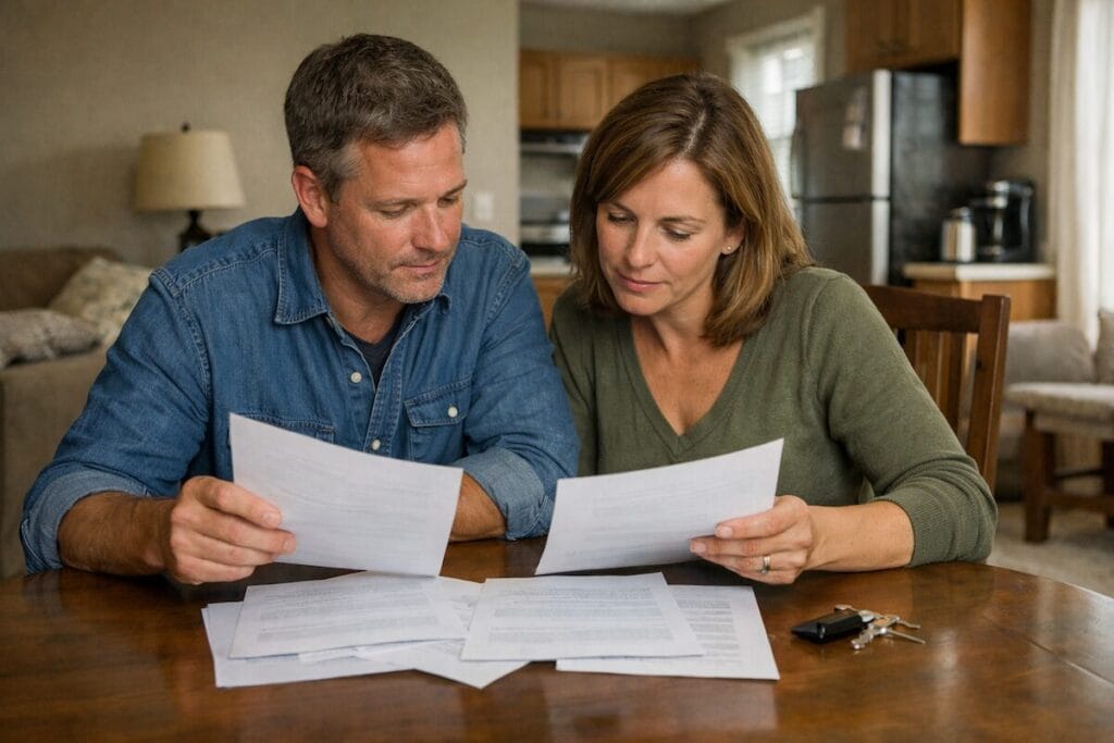 Tulsa homebuyers reviewing purchase documents at a dining table