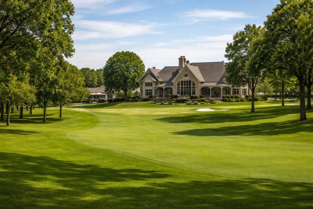 Fairway and clubhouse at Battle Creek Golf Club in Broken Arrow