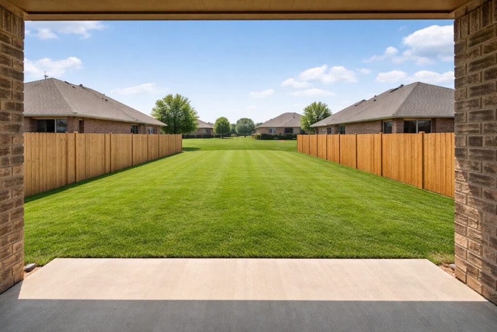 Backyard with patio and fenced lot in a newer Broken Arrow subdivision