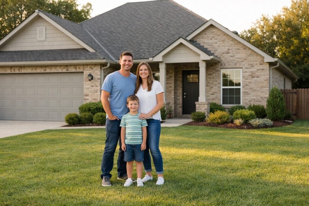 Family standing in front yard of a Tulsa suburban home