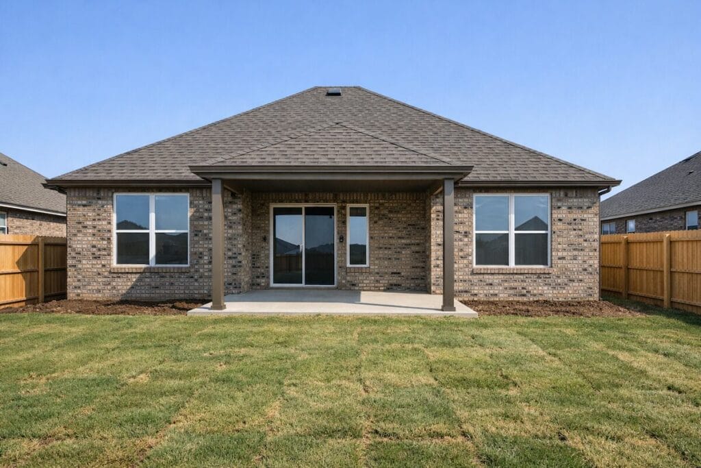 Covered patio and fenced backyard in Honey Springs Broken Arrow