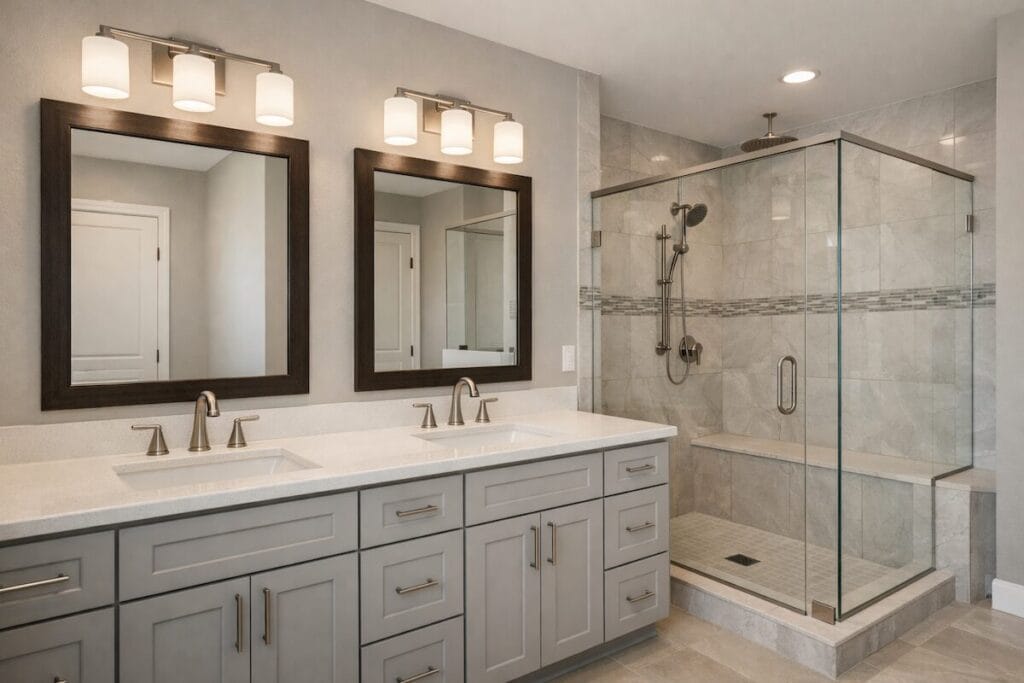 Updated primary bathroom with double vanity and tiled shower in Gettysburg at Battle Creek
