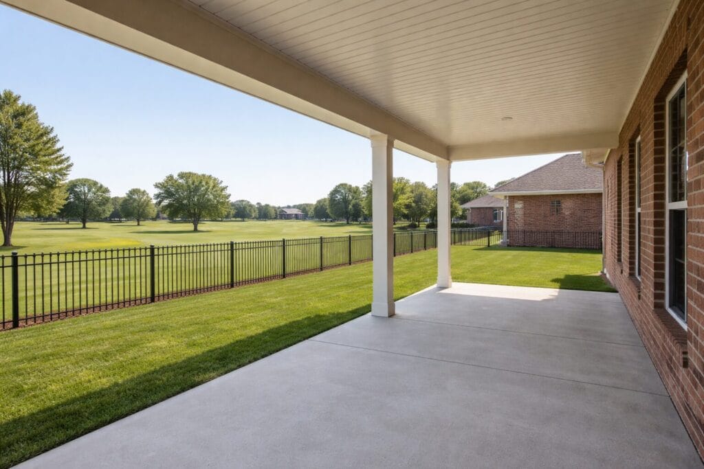Backyard patio with wrought iron fencing overlooking Battle Creek Golf Course in Broken Arrow
