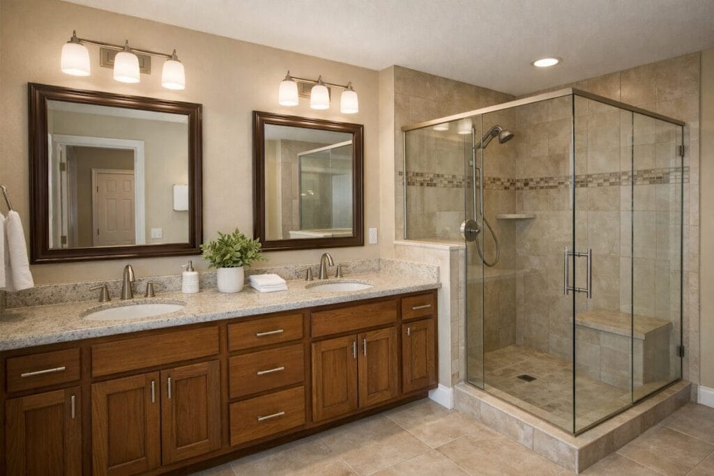 Primary bathroom with double vanity and tiled shower in a Shiloh at Battle Creek home