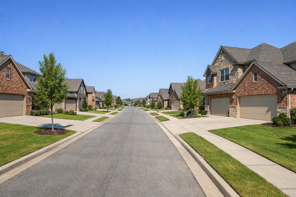 Residential street with brick homes and sidewalks in a newer Bixby Oklahoma neighborhood.