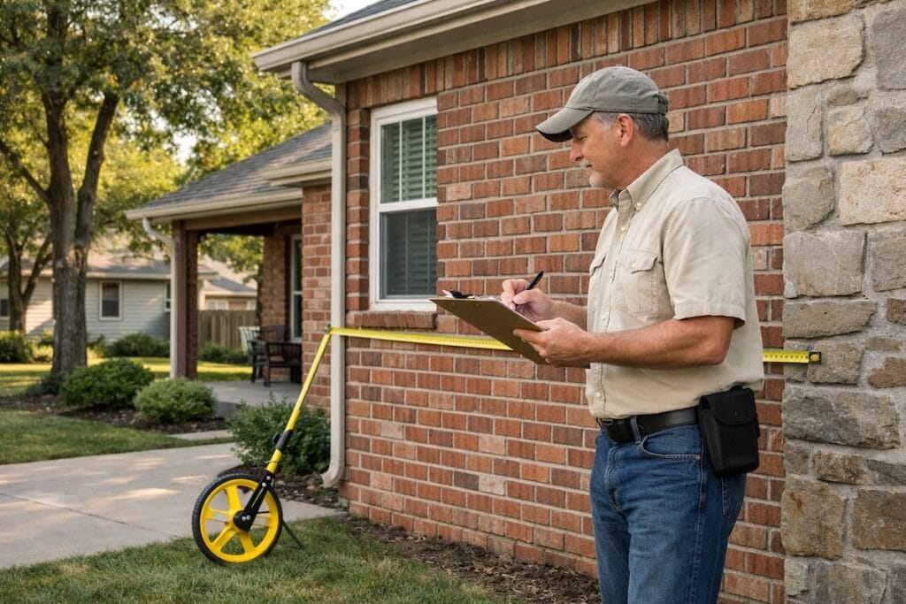 Appraiser measuring exterior of Tulsa brick home during appraisal process