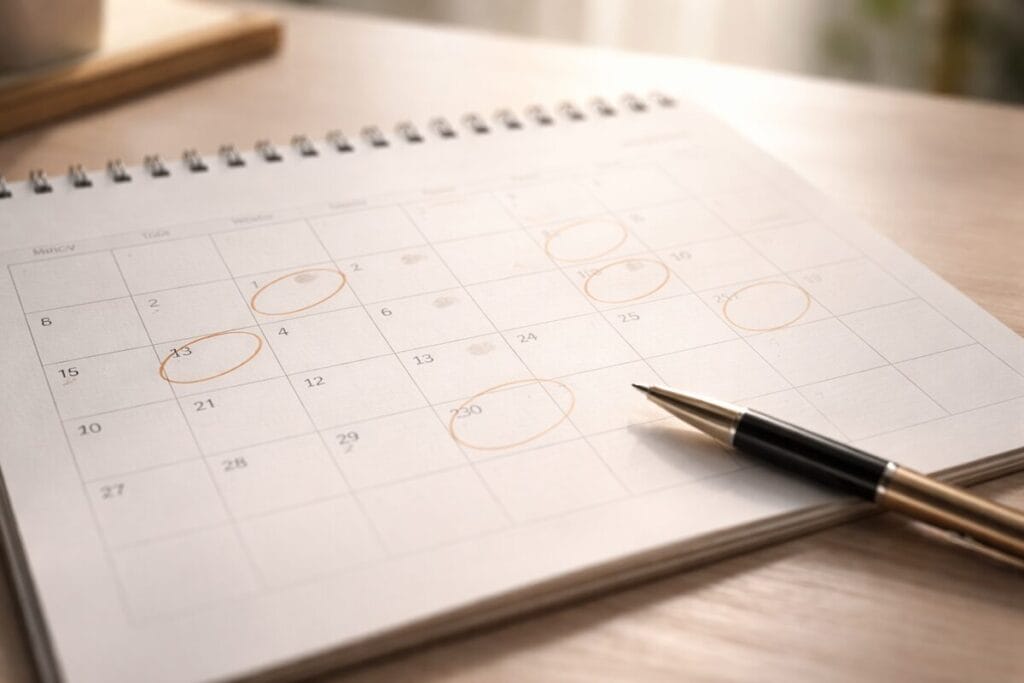 Calendar with marked dates representing a home sale timeline