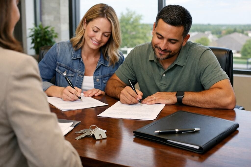 Tulsa homebuyers signing closing documents at title company table