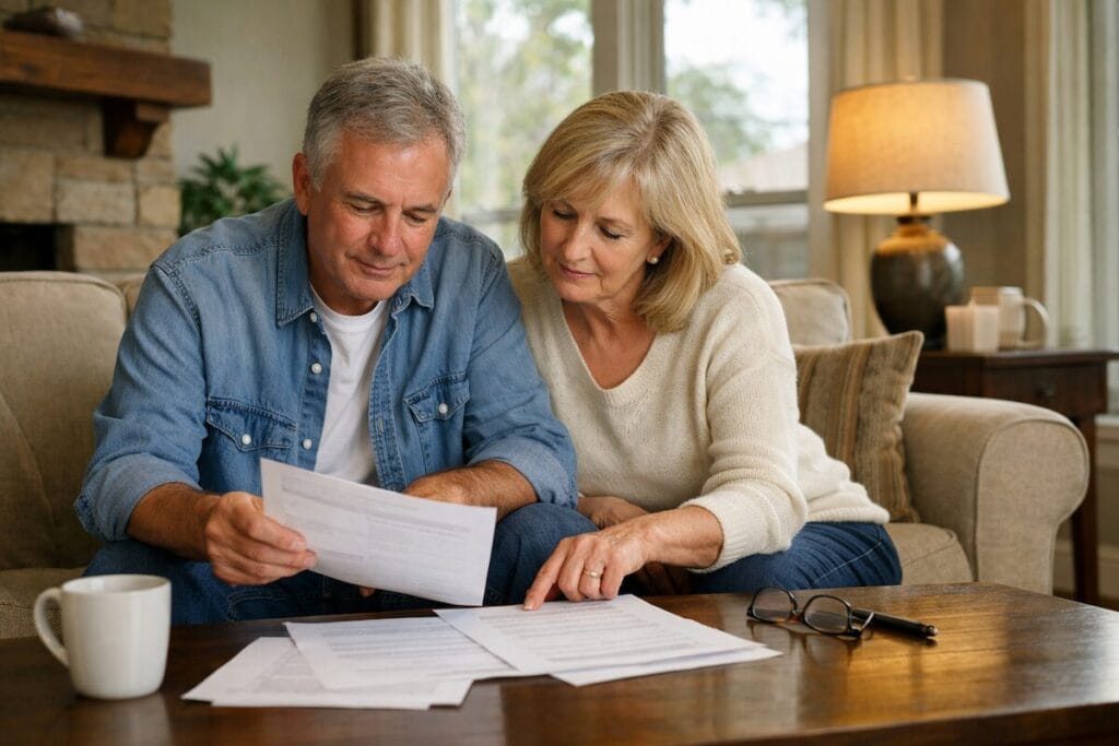 Older homeowners reviewing downsizing paperwork in their living room