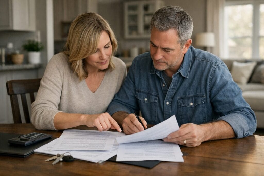 Reviewing a real estate contract at a dining table in Tulsa