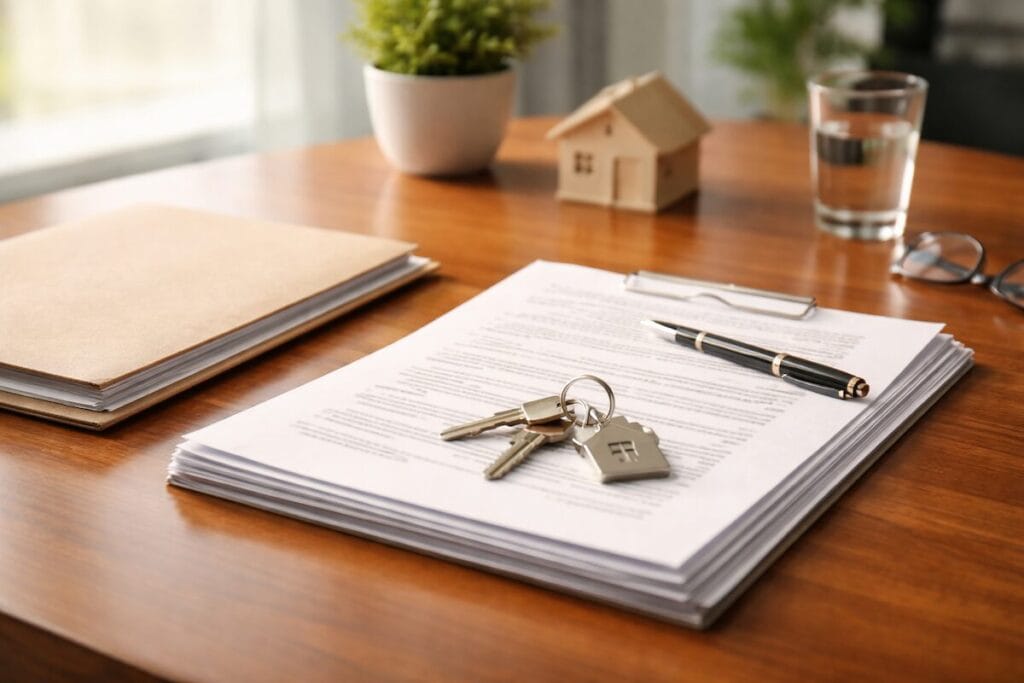 Closing table with documents and house keys