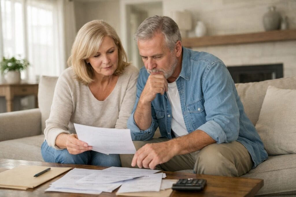 Older couple reviewing home paperwork while downsizing in Tulsa