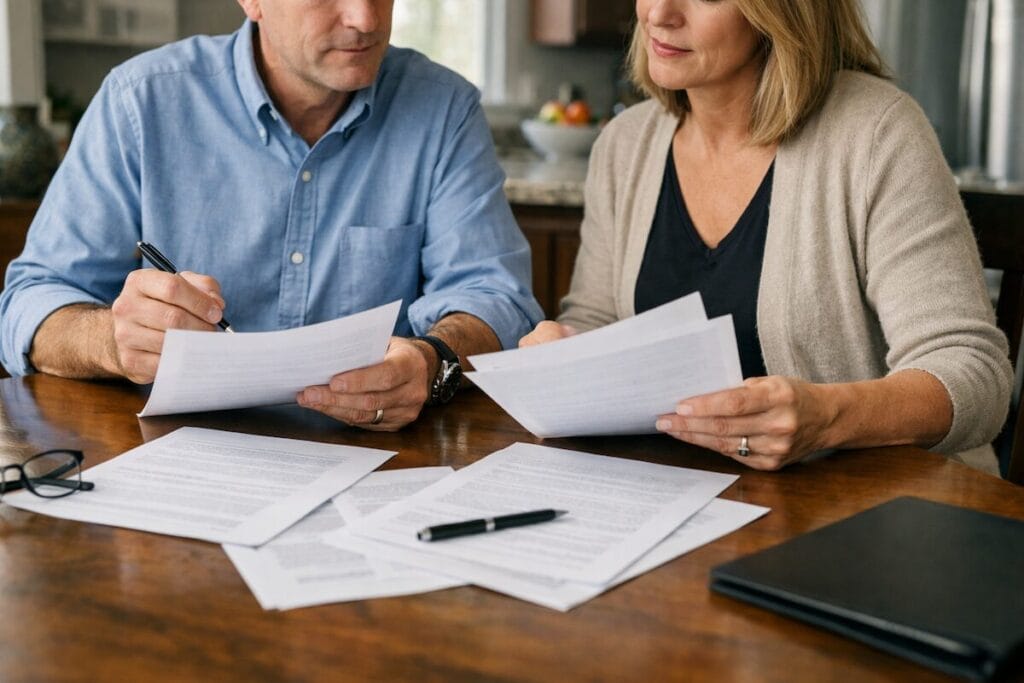Home buyers reviewing real estate contract documents together