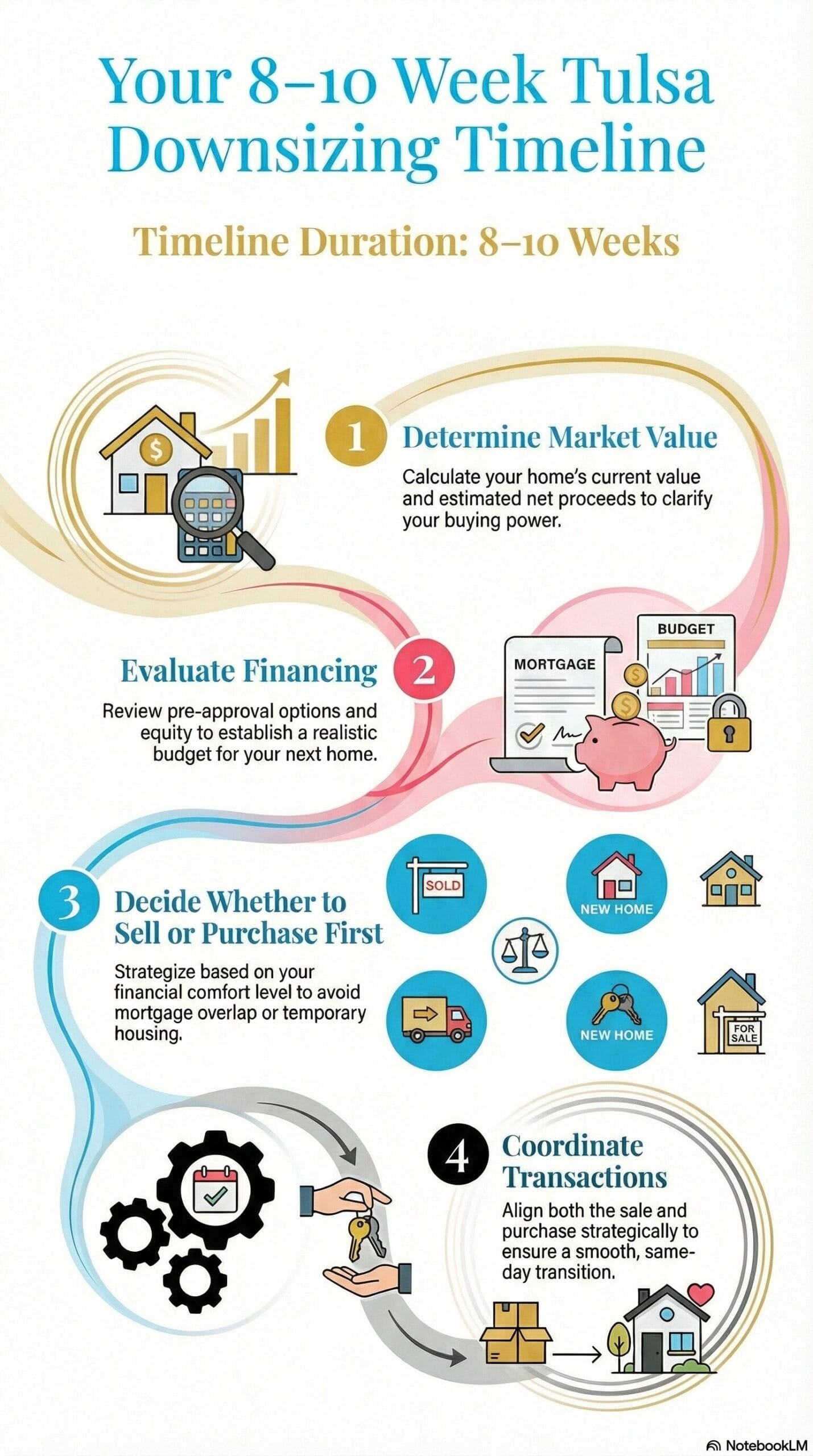 Tulsa downsizing timeline infographic showing a 10-week roadmap from listing to closing, including valuation, financing, sell or buy first decision, and coordinated transactions.