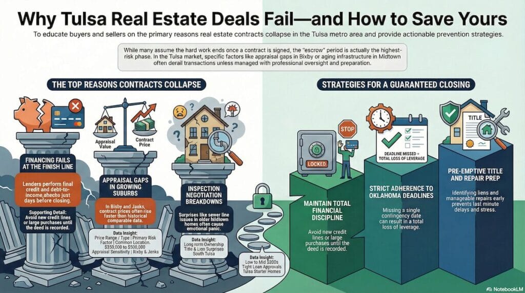 Tulsa infographic explaining why real estate deals fall through in Tulsa and how buyers and sellers can prevent contract failures