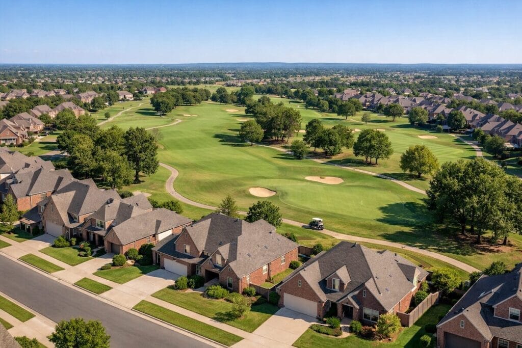 Aerial-style view of Battle Creek Broken Arrow OK golf community with fairways and brick homes surrounding the course