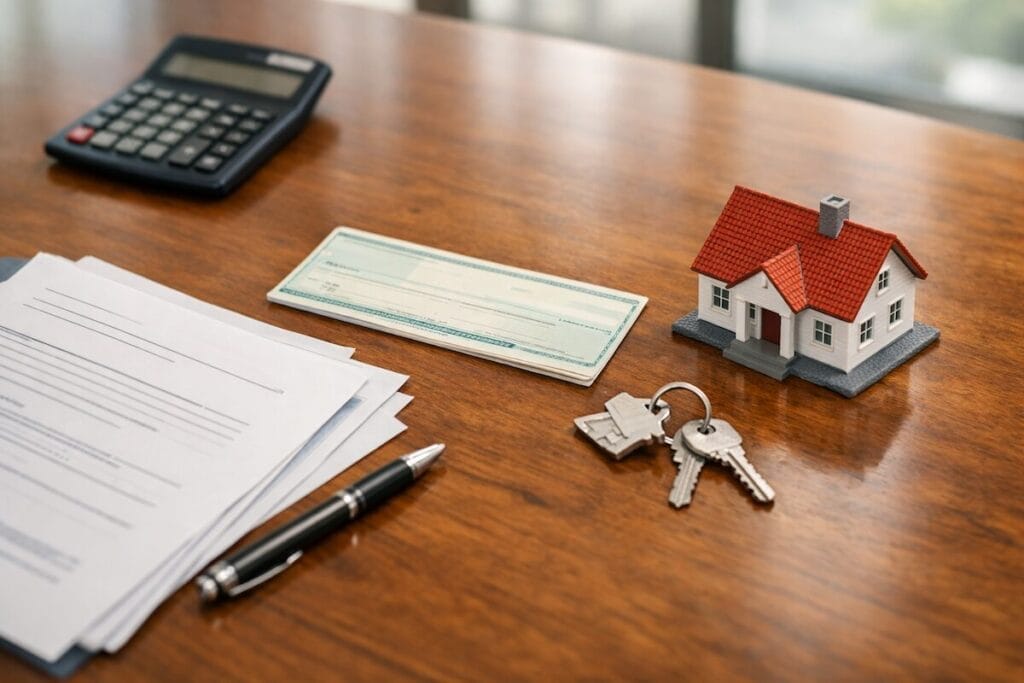 Earnest money deposit Oklahoma closing documents with house keys and cashier's check on conference table