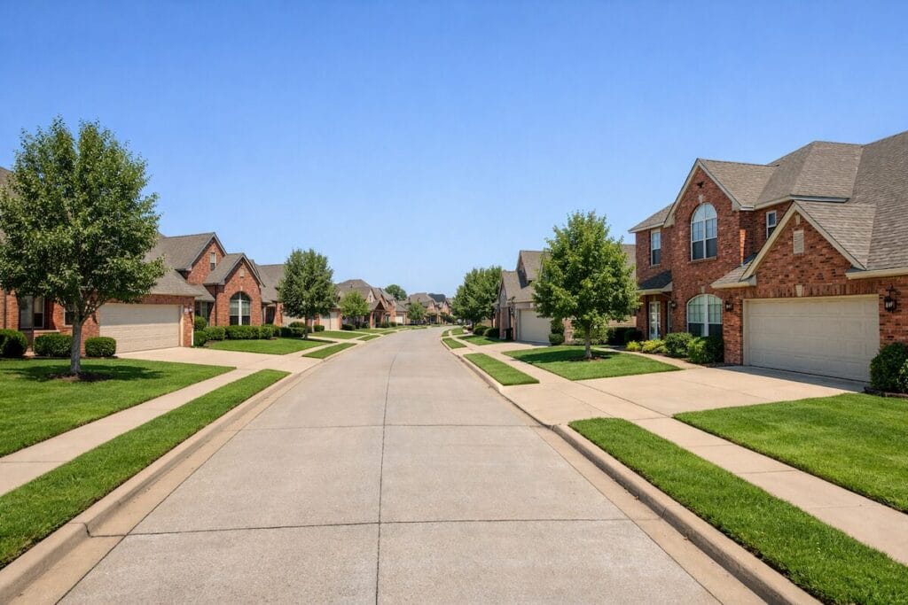Residential street view of The Reserve at Battle Creek Broken Arrow OK showing traditional brick homes with sidewalks and mature landscaping