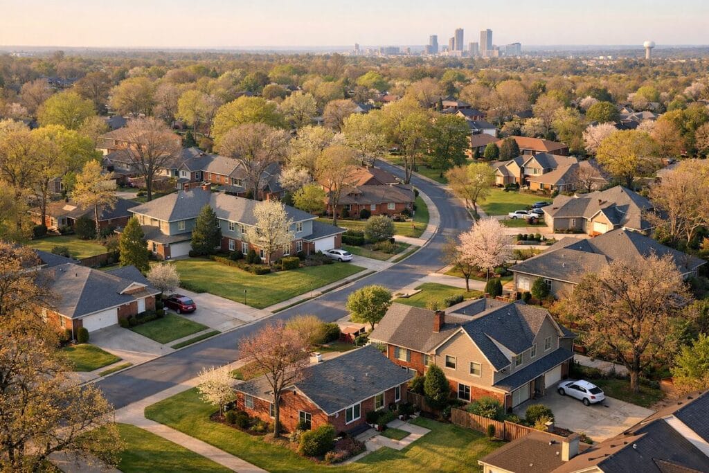 Tulsa housing market 2026 aerial view of a suburban neighborhood with tree-lined streets and brick homes