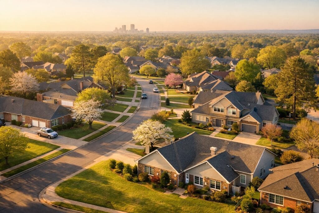 Tulsa neighborhood in spring with green lawns and tree-lined streets ideal for listing your Tulsa home in spring