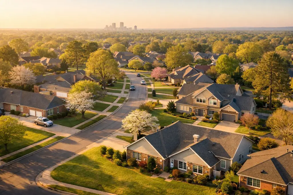 Tulsa neighborhood in spring with green lawns and tree-lined streets ideal for listing your Tulsa home in spring