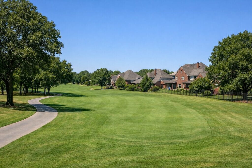Manicured fairway at Battle Creek Golf Club with brick homes in the background