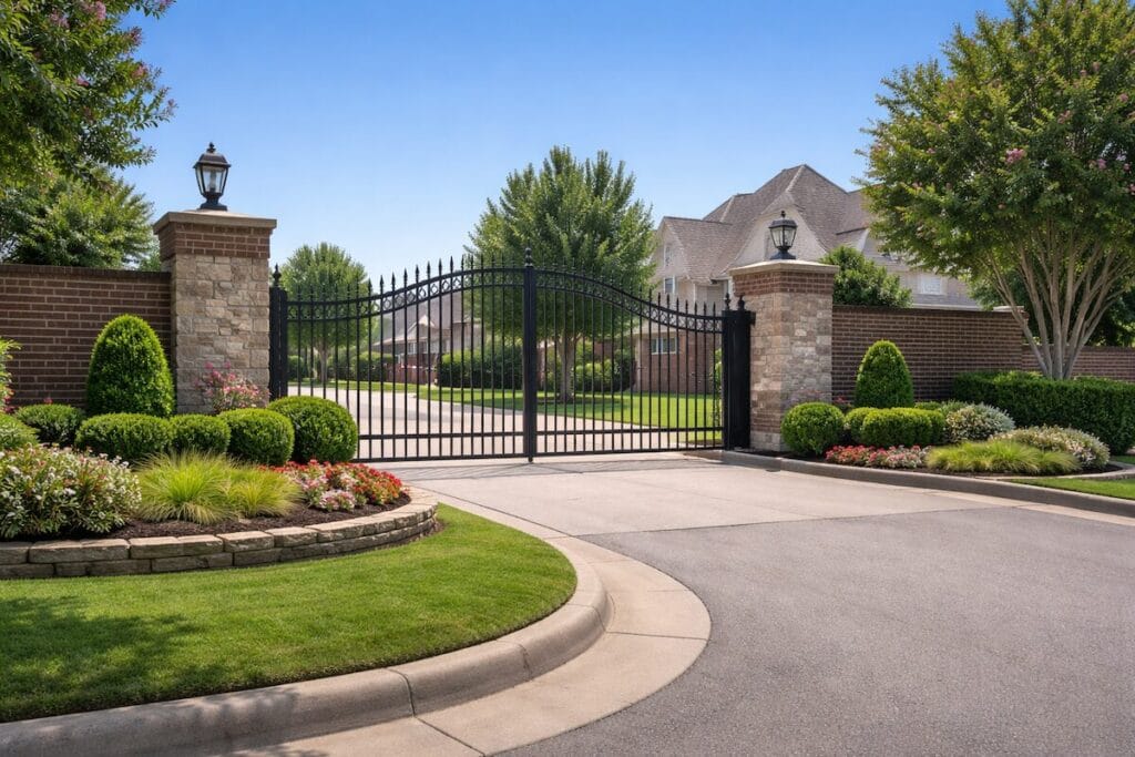 Gated entrance with brick columns and wrought iron gates in a Broken Arrow subdivision