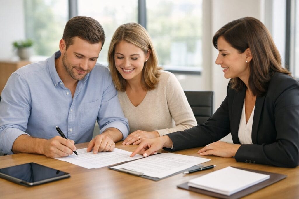 Tulsa couple signing home purchase agreement with real estate agent reviewing earnest money terms