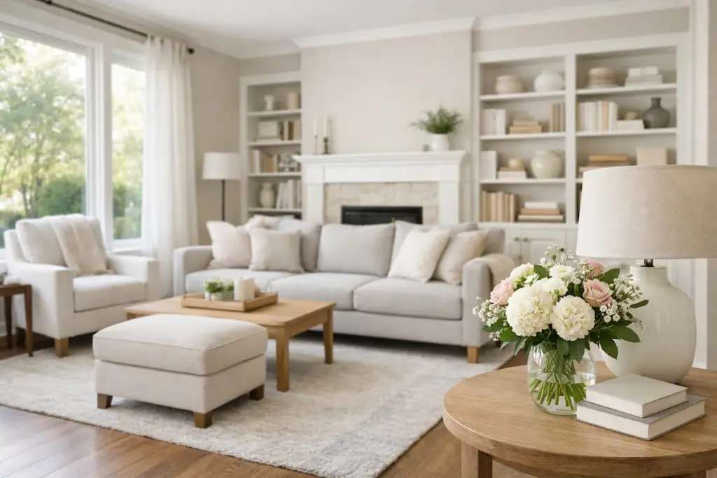 Clean and staged Tulsa home interior with neutral decor and natural light prepared for a spring listing