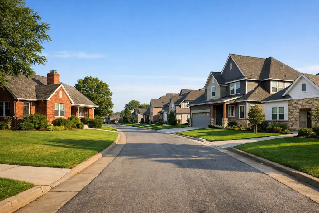 Tulsa suburb street showing a mix of established brick homes and newer construction homes side by side
