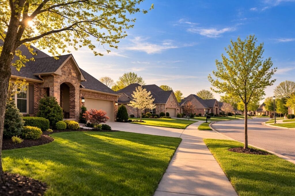 A quiet Tulsa suburban street in early spring with homes and greening lawns