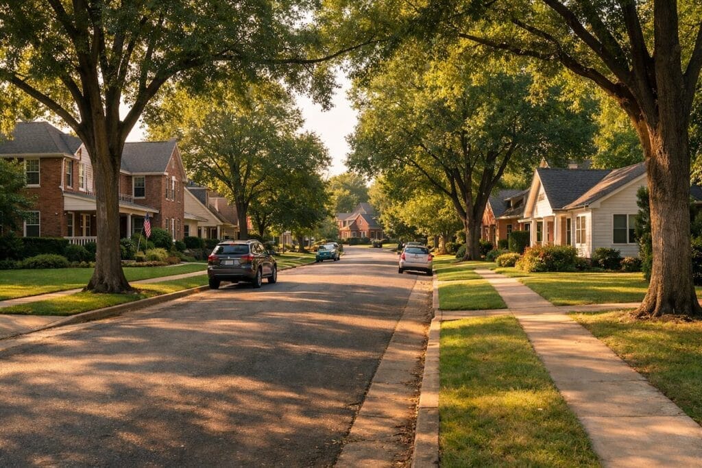 Tree-lined suburban street in Tulsa Oklahoma showing established neighborhood homes