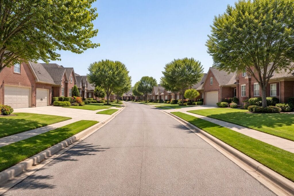 Residential street inside Battle Creek neighborhood in Broken Arrow Oklahoma