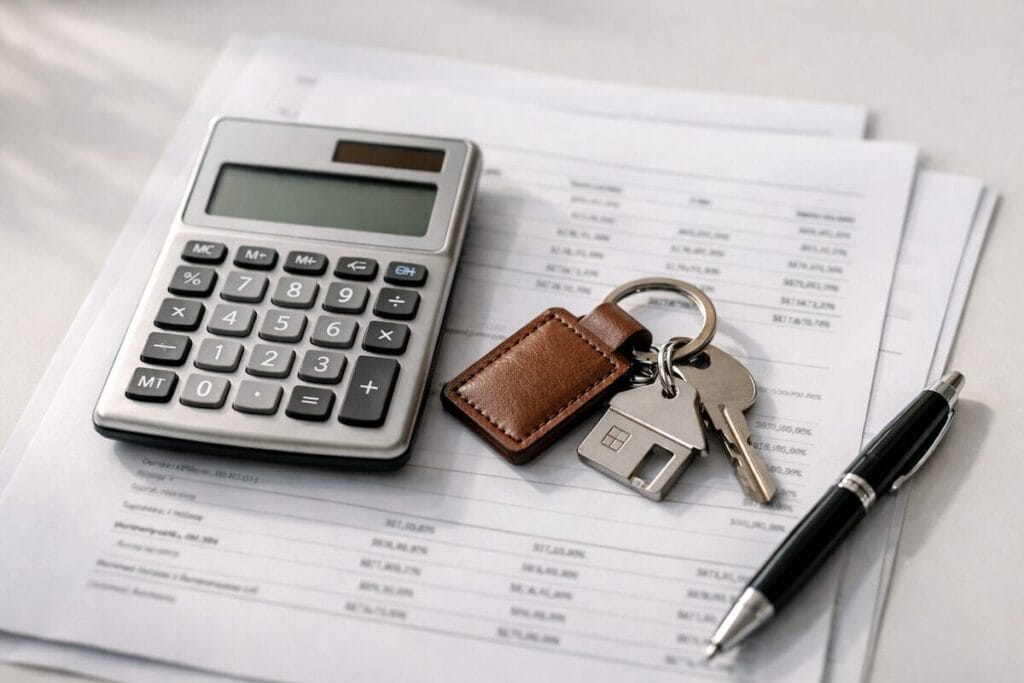 Calculator and house keys on earnest money financial documents for home purchase
