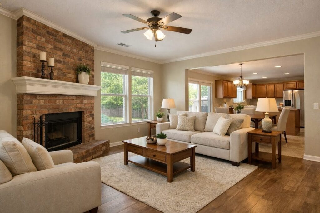 Traditional living room with brick fireplace and neutral finishes in a Broken Arrow home