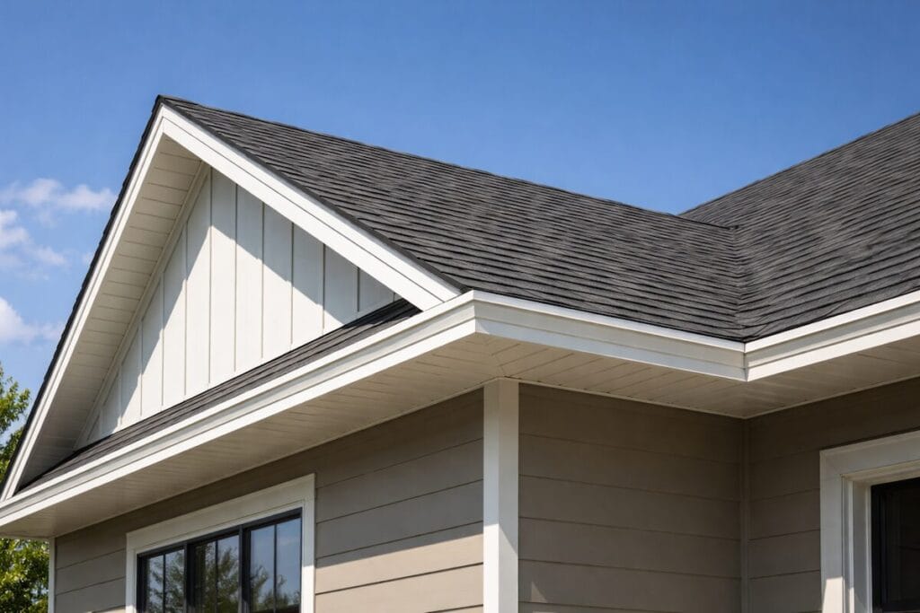 New construction home roofline in Tulsa showing missing gutters on eaves