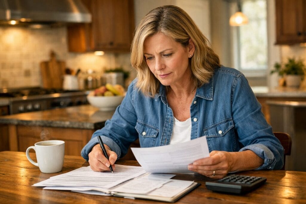 Homeowner sitting at kitchen table reviewing home equity and financial paperwork
