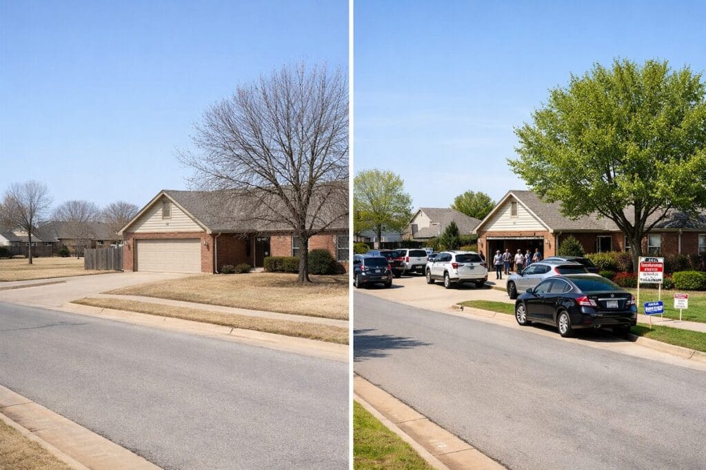 Tulsa street showing quiet March market versus busy April open house competition