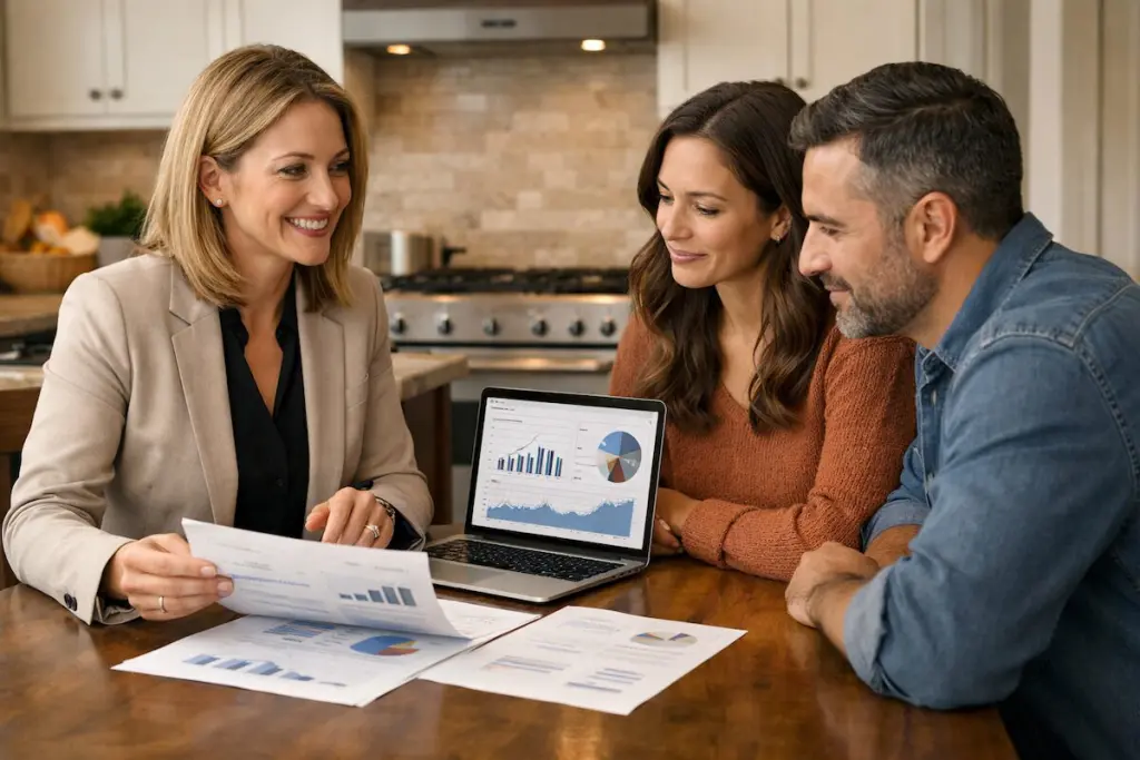 Tulsa real estate agent reviewing a home pricing strategy report with sellers at a kitchen table