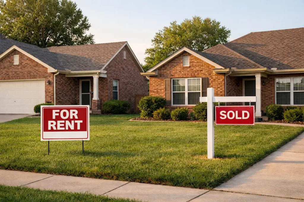 Two Tulsa suburban homes side by side one with a for rent sign and one with a sold sign