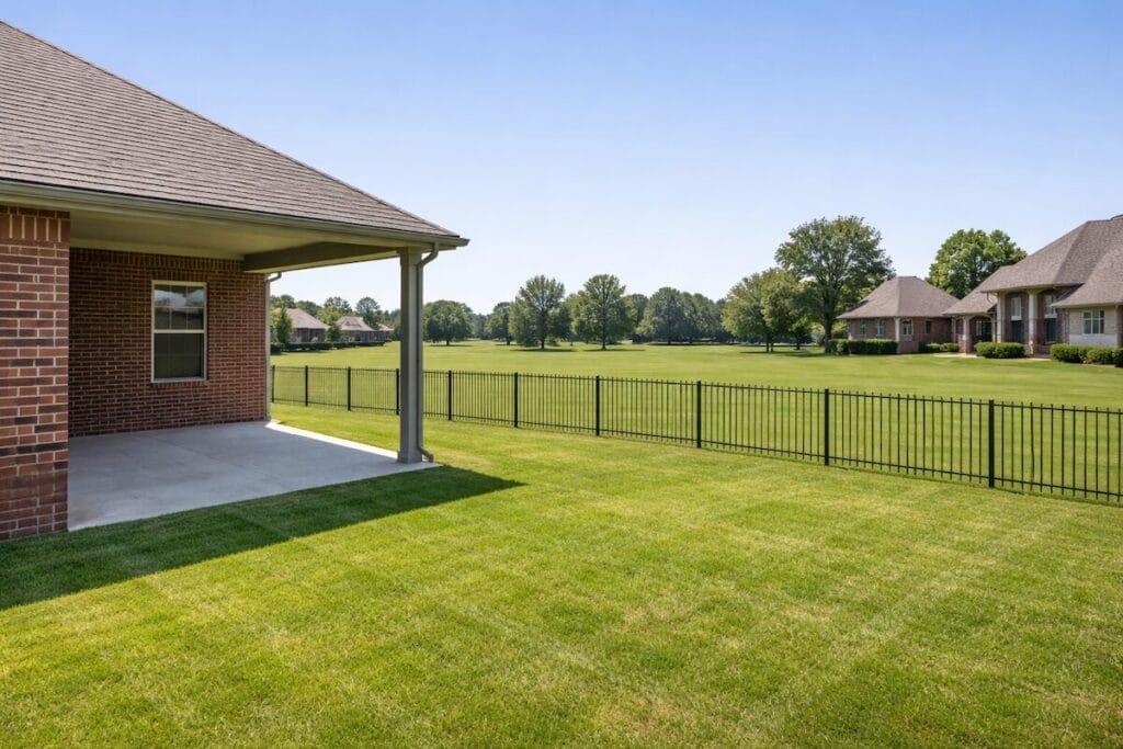 Backyard of a brick home backing to Battle Creek golf course in Broken Arrow