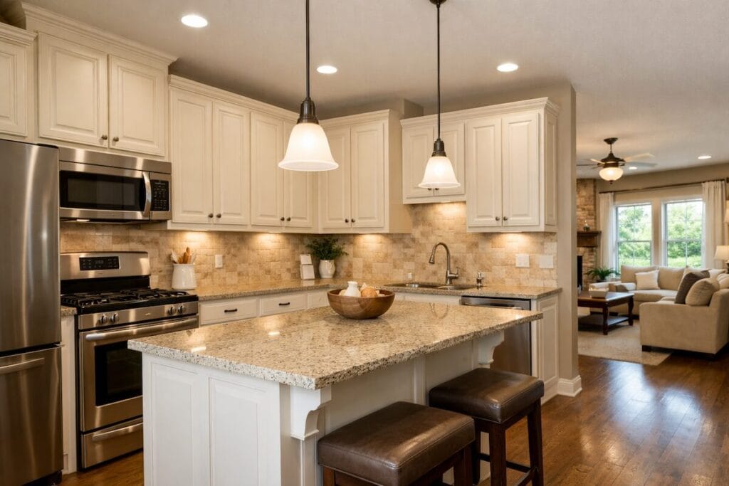 Updated kitchen with granite countertops and island in a Broken Arrow production home