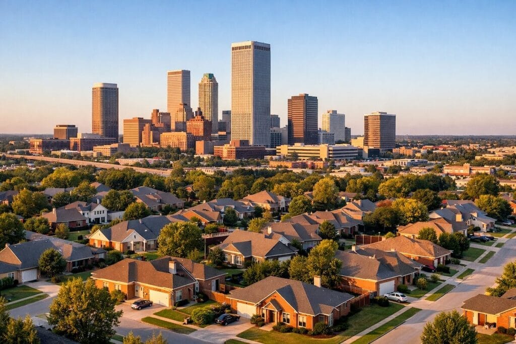 Tulsa Oklahoma skyline with residential neighborhoods in Broken Arrow Bixby and Jenks