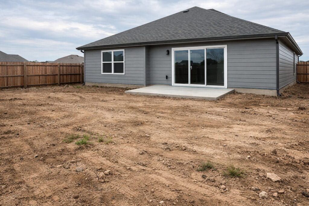 Unfinished backyard of new construction home in Tulsa with bare dirt and minimal landscaping