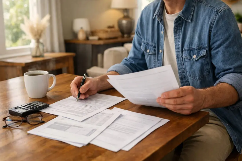 Person sitting at a kitchen table reviewing mortgage documents while buying a home in Tulsa