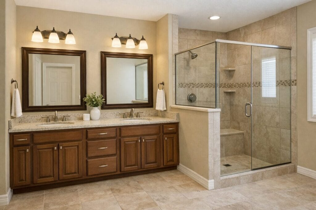 Primary bathroom with double vanity and tiled shower in a Broken Arrow home