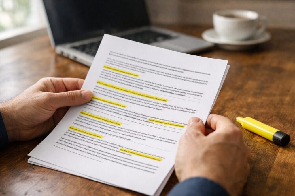 Buyer reviewing home purchase contract with highlighted inspection and financing contingencies