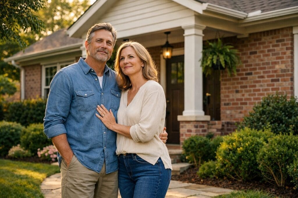 Couple standing on front porch of Tulsa home discussing selling or downsizing options