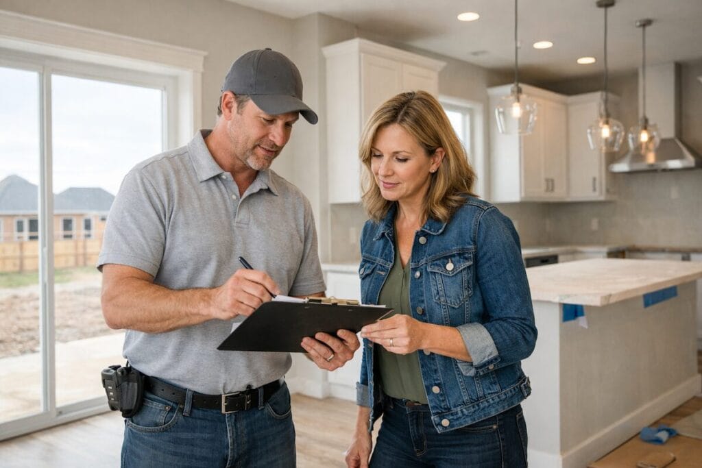 Buyer and builder reviewing punch list in new Tulsa home