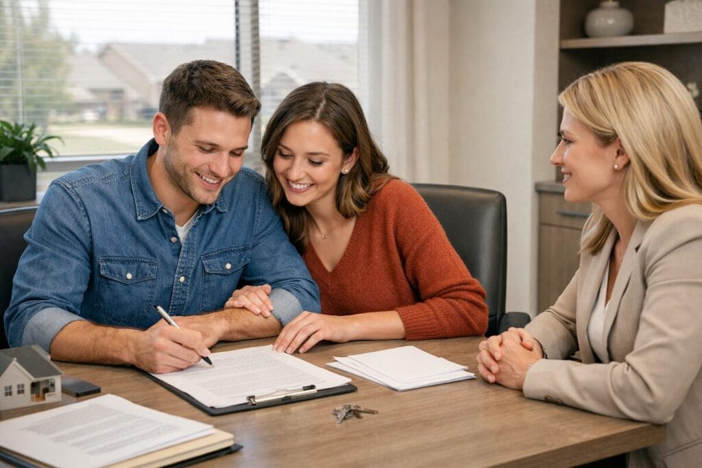 First-time homebuyers reviewing paperwork at a closing table